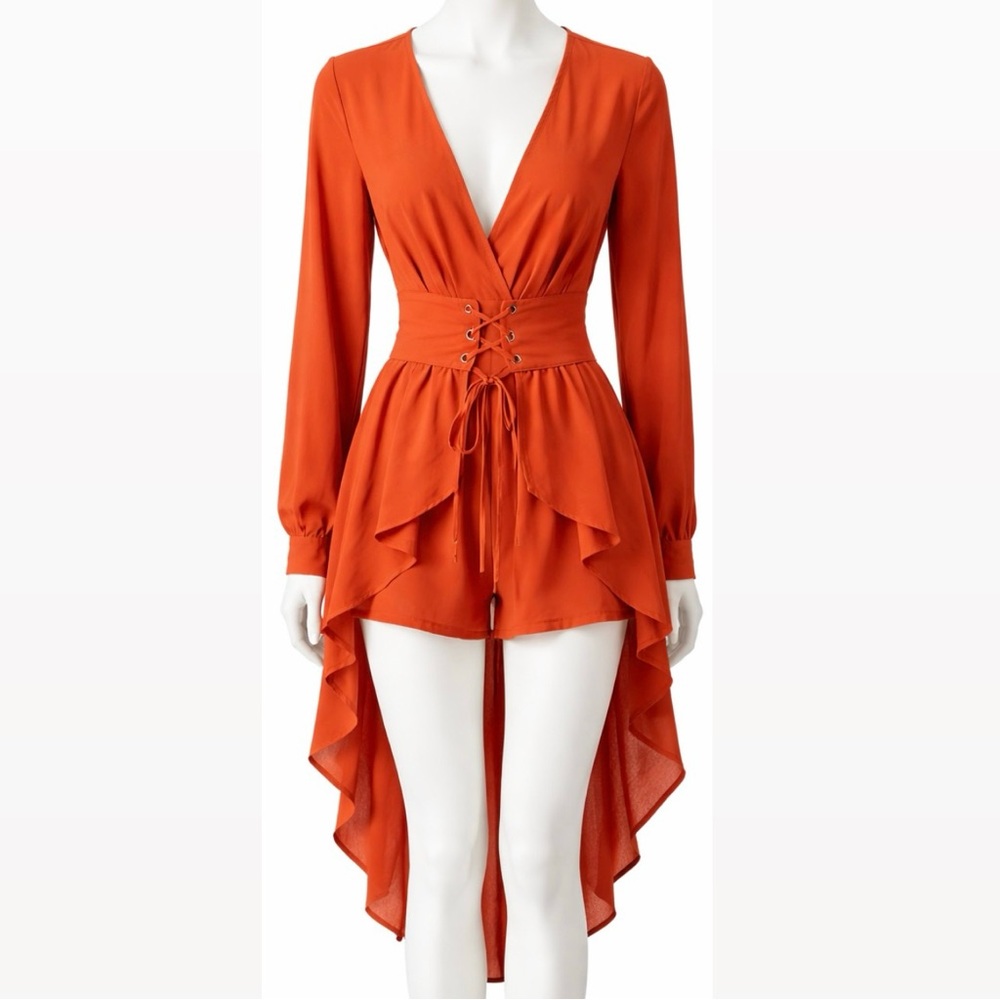 Zaful Rust Boho Corset-Waist Romper with High-Low Overlay & Long Sleeves